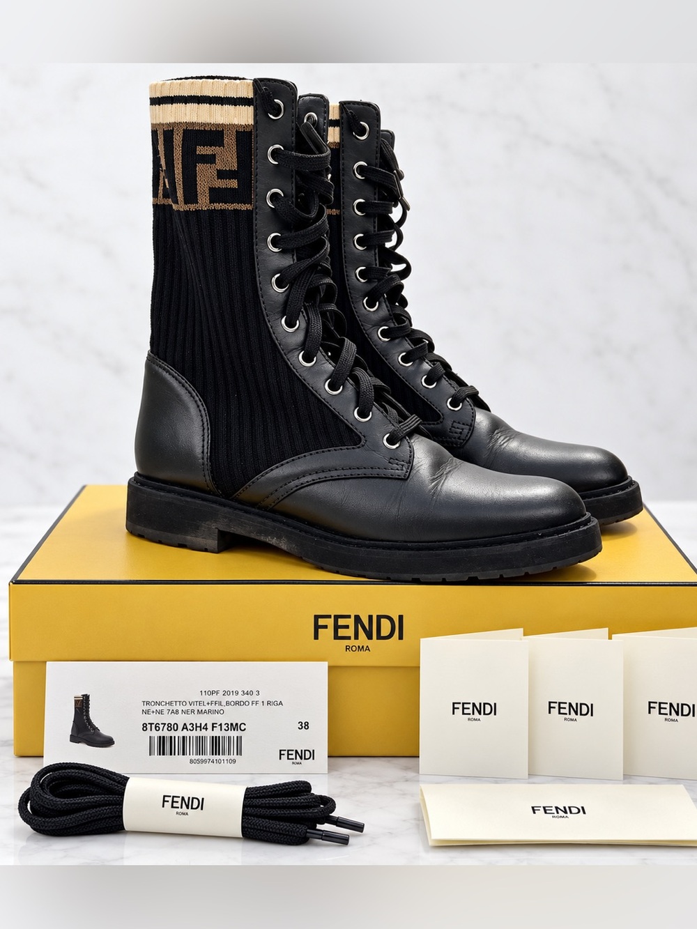 Fendi FF Logo Lace-Up Combat Boots Black Size 38 With Box & Dust Bag